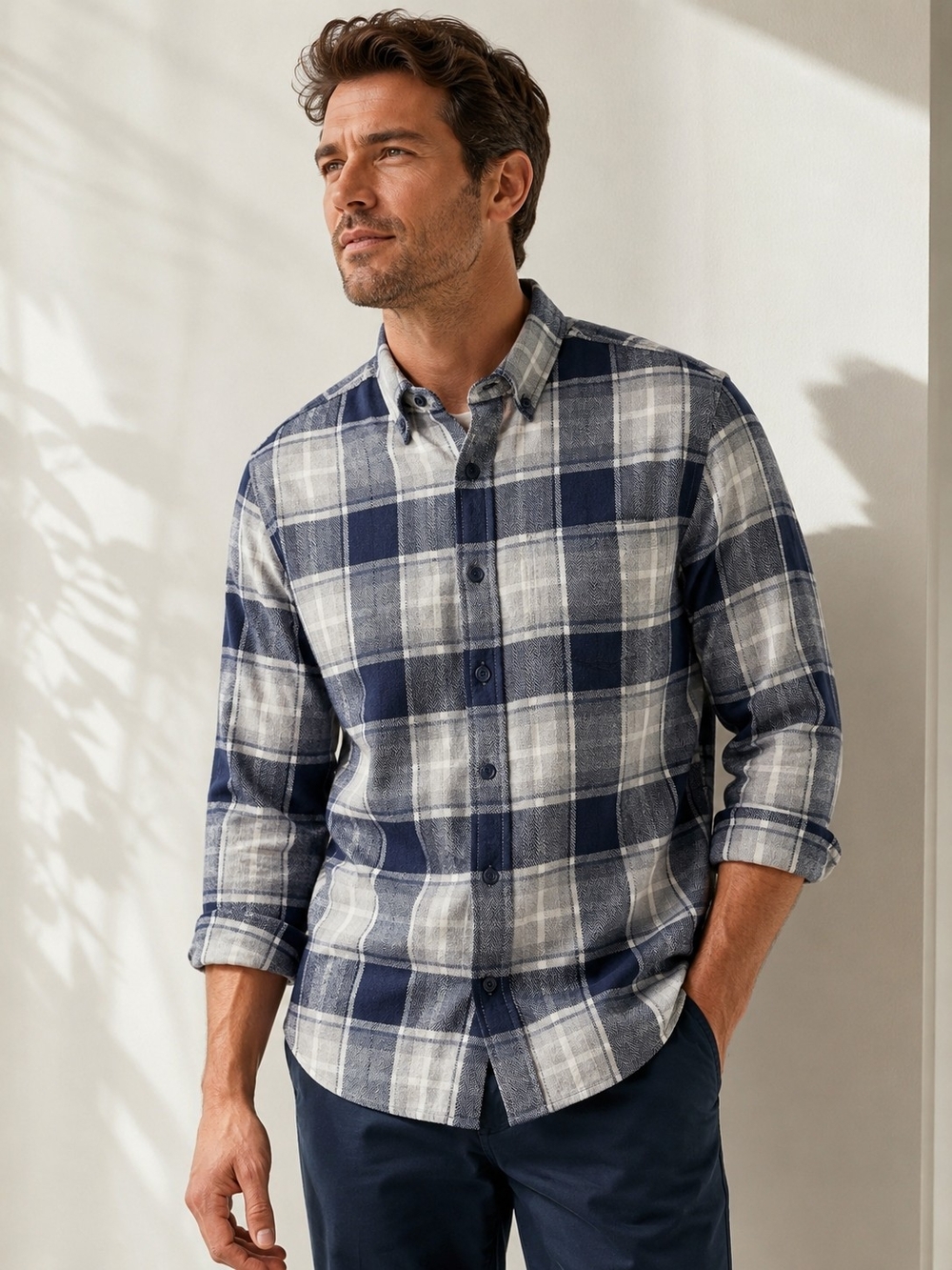 Weatherproof Navy and White Plaid Button-Down Shirt